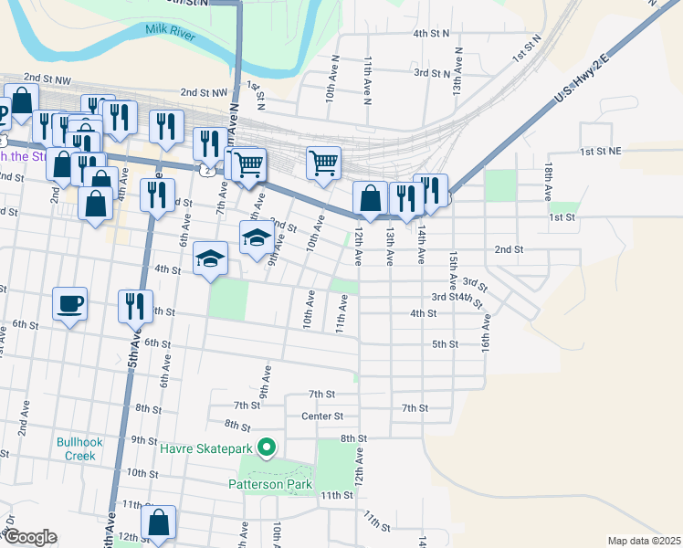 map of restaurants, bars, coffee shops, grocery stores, and more near 223 11th Avenue in Havre