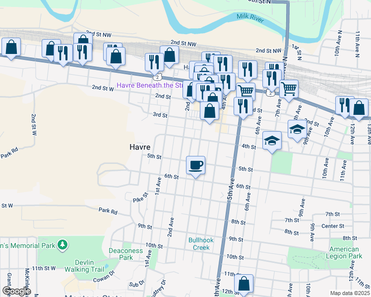 map of restaurants, bars, coffee shops, grocery stores, and more near 427 2nd Avenue in Havre