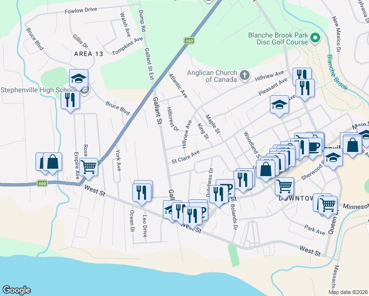 map of restaurants, bars, coffee shops, grocery stores, and more near 5 Hillview Avenue in Stephenville