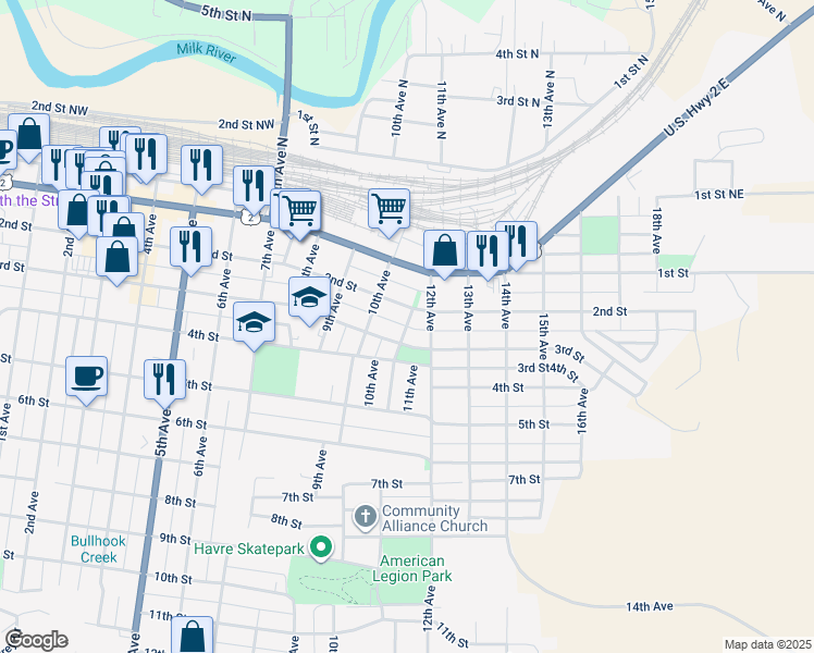 map of restaurants, bars, coffee shops, grocery stores, and more near 223 11th Avenue in Havre