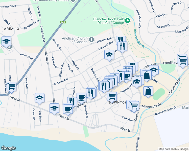 map of restaurants, bars, coffee shops, grocery stores, and more near 11 Woodland Street in Stephenville