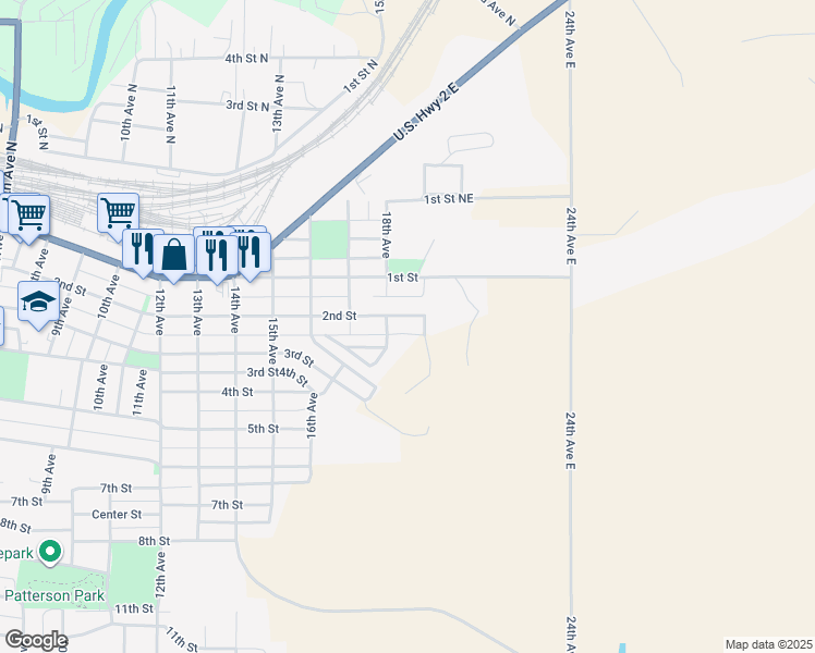 map of restaurants, bars, coffee shops, grocery stores, and more near 1826 2nd Street in Havre
