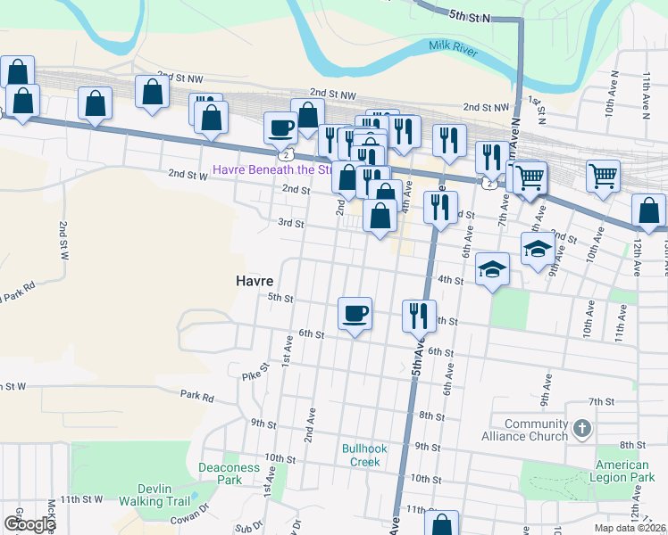 map of restaurants, bars, coffee shops, grocery stores, and more near 204 4th Street in Havre
