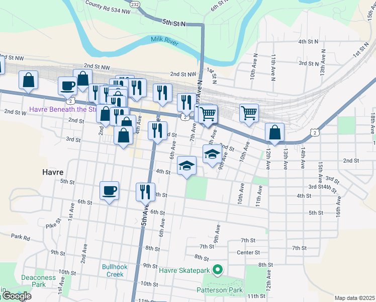 map of restaurants, bars, coffee shops, grocery stores, and more near 317 7th Avenue in Havre