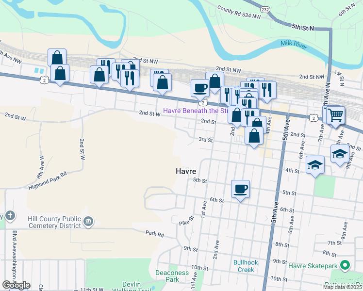 map of restaurants, bars, coffee shops, grocery stores, and more near 225 1st Avenue West in Havre