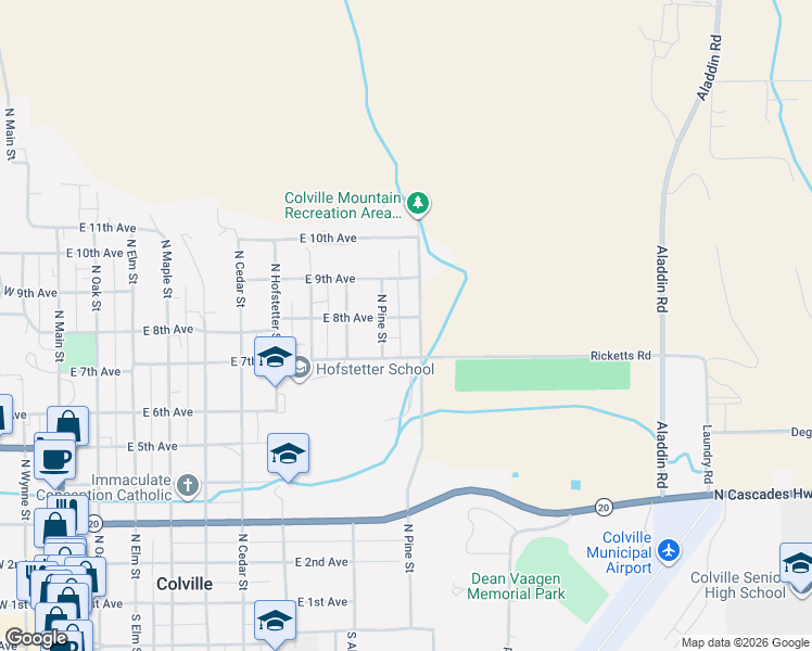 map of restaurants, bars, coffee shops, grocery stores, and more near 1045 East 8th Avenue in Colville