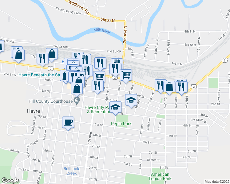 map of restaurants, bars, coffee shops, grocery stores, and more near 626 2nd Street in Havre