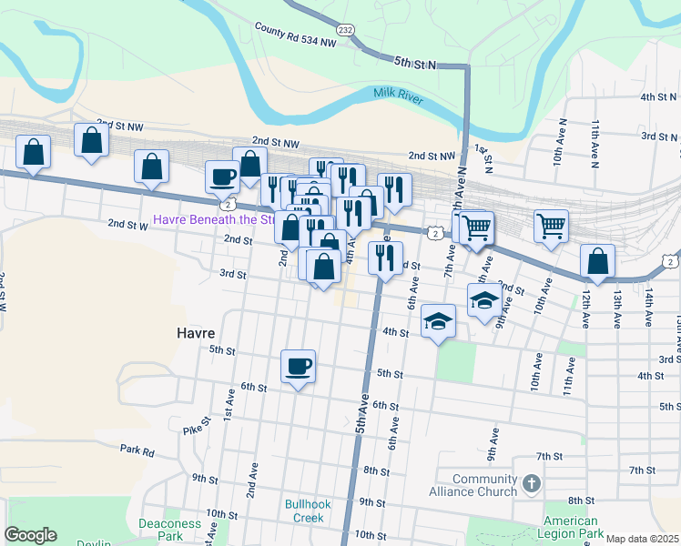 map of restaurants, bars, coffee shops, grocery stores, and more near 224 4th Avenue in Havre
