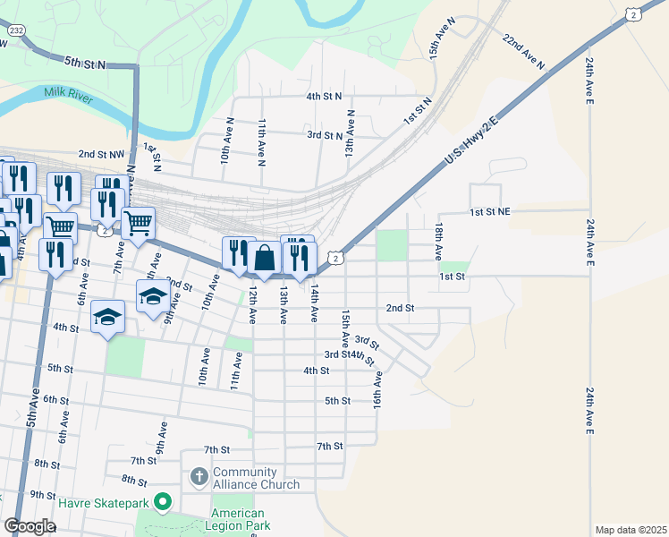 map of restaurants, bars, coffee shops, grocery stores, and more near 1400-1498 U.S. 2 in Havre
