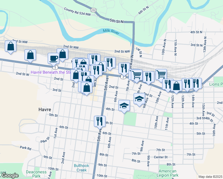 map of restaurants, bars, coffee shops, grocery stores, and more near 598 2nd Street in Havre
