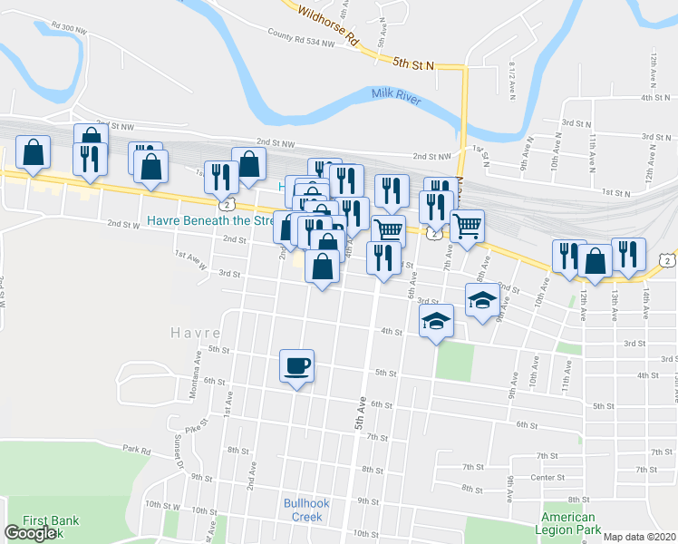 map of restaurants, bars, coffee shops, grocery stores, and more near 236 4th Avenue in Havre