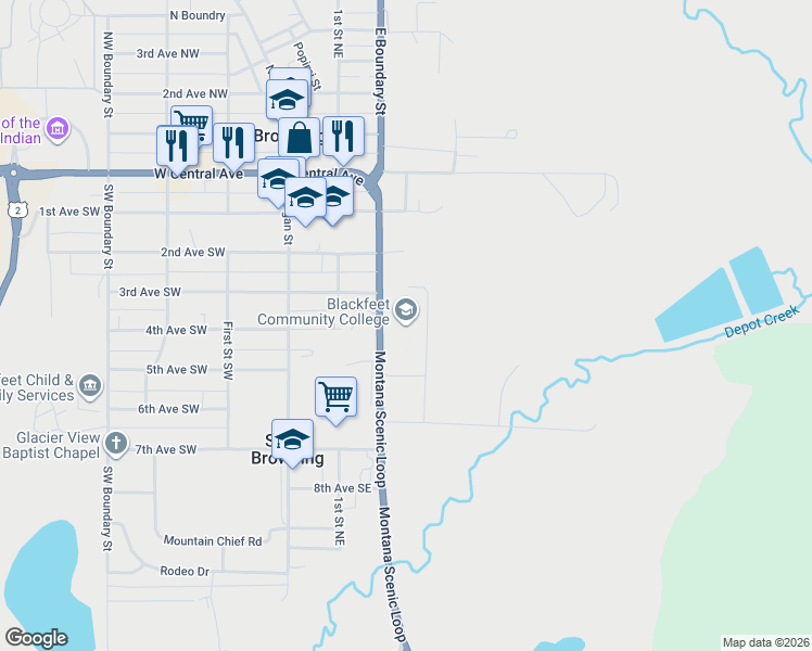 map of restaurants, bars, coffee shops, grocery stores, and more near 504 Southeast Boundary Street in Browning