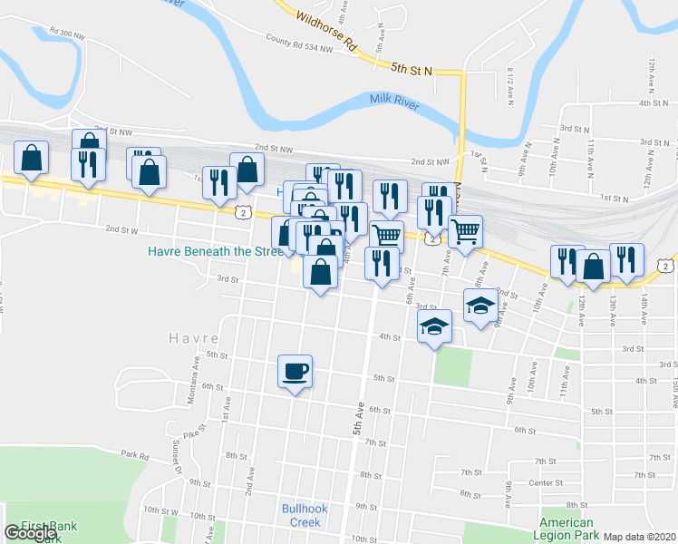 map of restaurants, bars, coffee shops, grocery stores, and more near 236 4th Avenue in Havre
