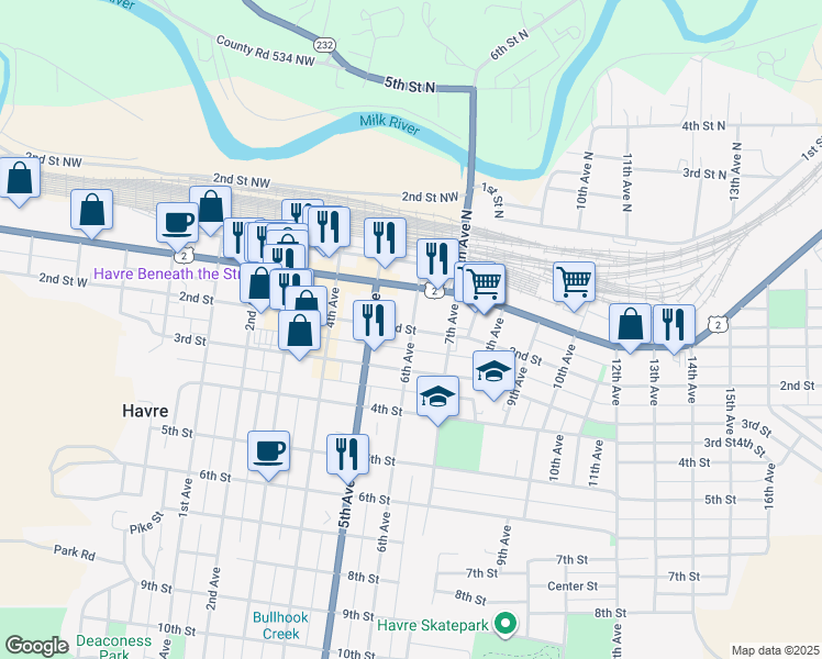 map of restaurants, bars, coffee shops, grocery stores, and more near 598 2nd Street in Havre