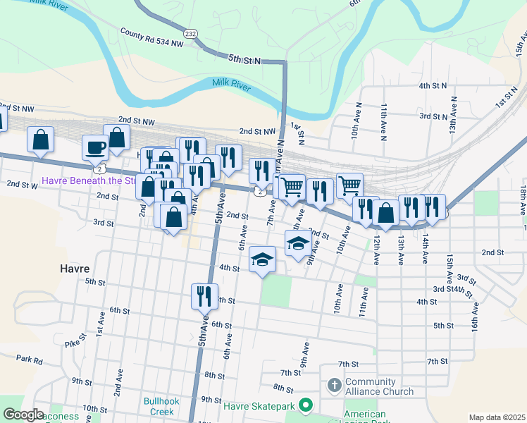 map of restaurants, bars, coffee shops, grocery stores, and more near 626 2nd Street in Havre
