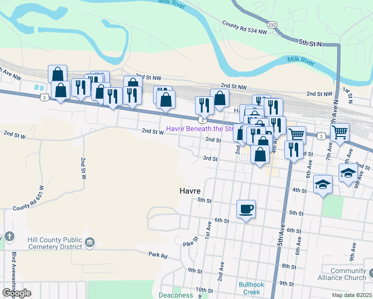map of restaurants, bars, coffee shops, grocery stores, and more near 225 1st Avenue West in Havre