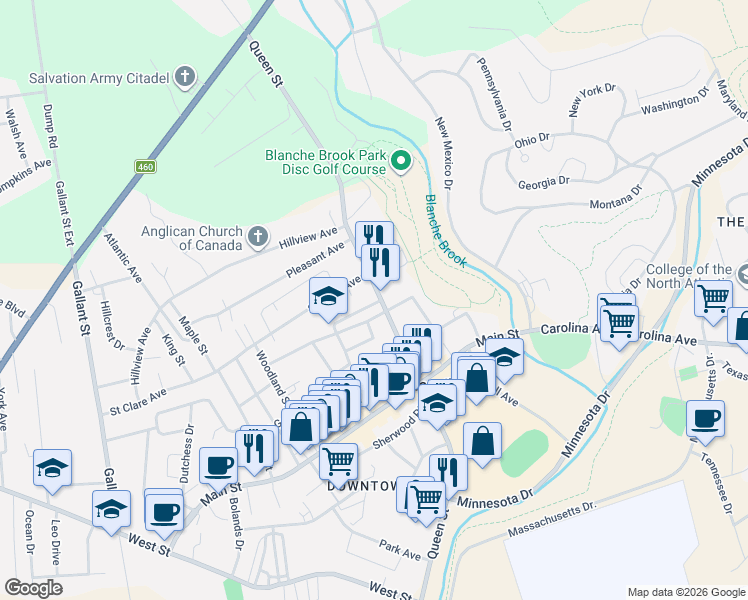 map of restaurants, bars, coffee shops, grocery stores, and more near 107 Queen Street in Stephenville