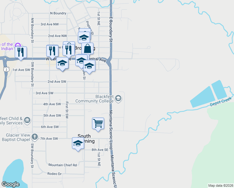 map of restaurants, bars, coffee shops, grocery stores, and more near 504 Southeast Boundary Street in Browning