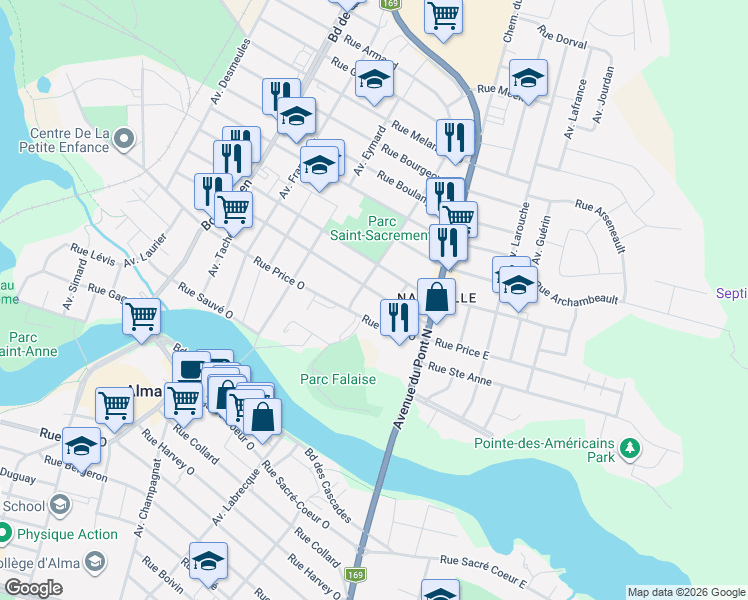 map of restaurants, bars, coffee shops, grocery stores, and more near 150 Rue Saint Bernard in Alma