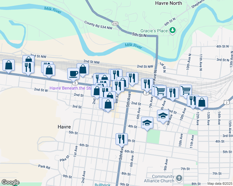 map of restaurants, bars, coffee shops, grocery stores, and more near 327 1st St in Havre