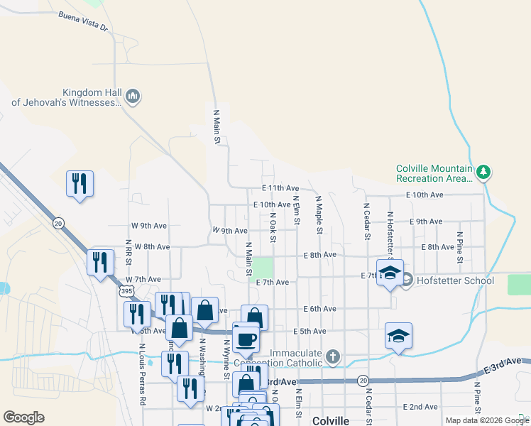 map of restaurants, bars, coffee shops, grocery stores, and more near 985 North Oak Street in Colville