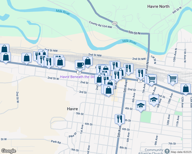 map of restaurants, bars, coffee shops, grocery stores, and more near 140 1st Street in Havre