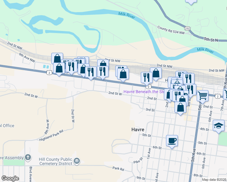 map of restaurants, bars, coffee shops, grocery stores, and more near 225 2nd Street West in Havre