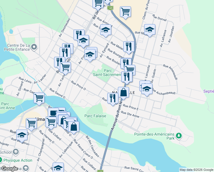map of restaurants, bars, coffee shops, grocery stores, and more near 245 Avenue la Fontaine in Alma