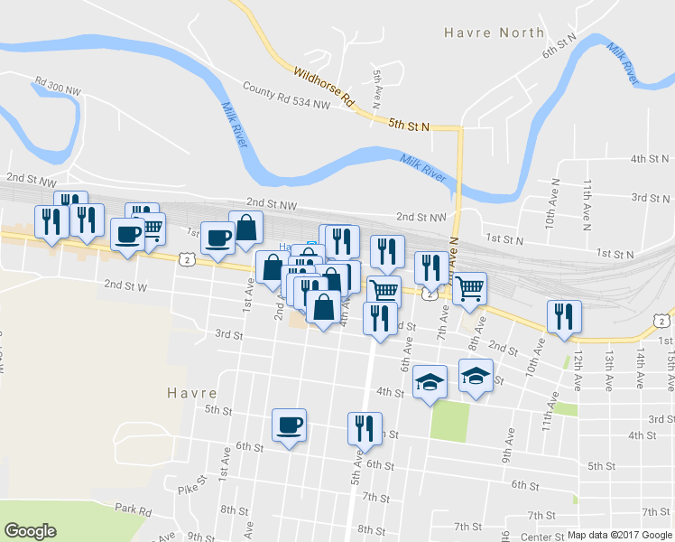 map of restaurants, bars, coffee shops, grocery stores, and more near 327 1st Street in Havre