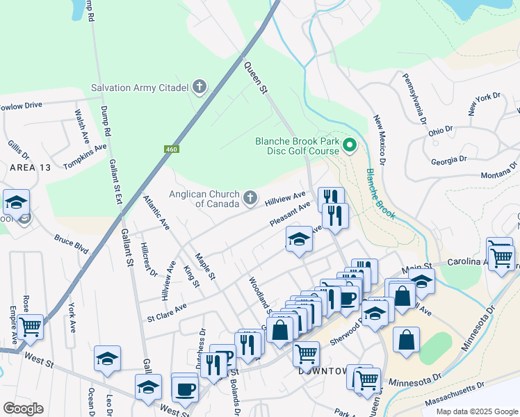 map of restaurants, bars, coffee shops, grocery stores, and more near 58A Hillview Avenue in Stephenville