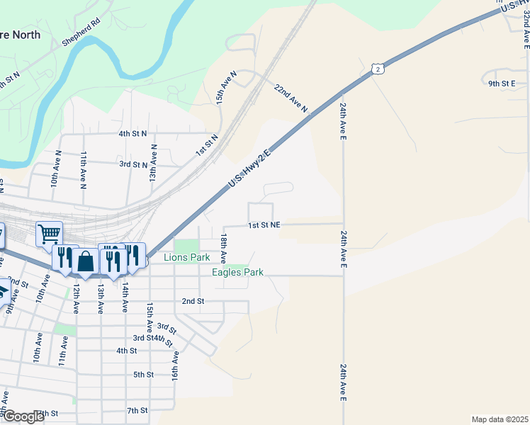 map of restaurants, bars, coffee shops, grocery stores, and more near 1960 1st Street Northeast in Havre
