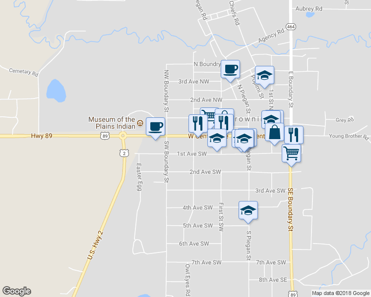 map of restaurants, bars, coffee shops, grocery stores, and more near 309 1st Avenue Southwest in Cut Bank