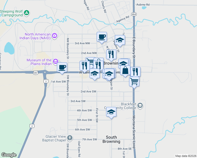 map of restaurants, bars, coffee shops, grocery stores, and more near 113 1st Street Southwest in Browning