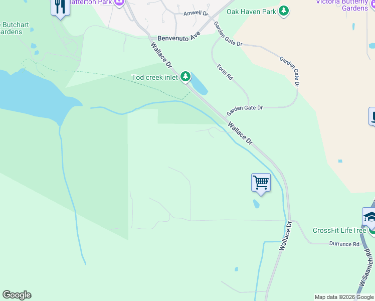 map of restaurants, bars, coffee shops, grocery stores, and more near 6105 Castlerock Road in Victoria