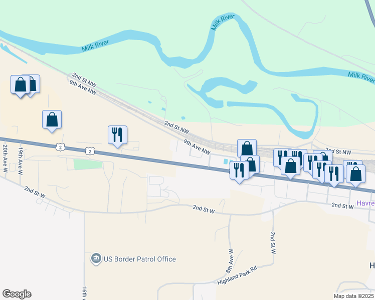 map of restaurants, bars, coffee shops, grocery stores, and more near 9th Avenue Northwest in Havre