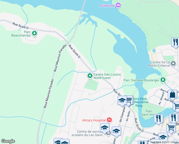 map of restaurants, bars, coffee shops, grocery stores, and more near 1756 Rue Scott Ouest in Alma