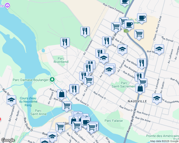 map of restaurants, bars, coffee shops, grocery stores, and more near 715 Rue Saint Sacrement Ouest in Alma