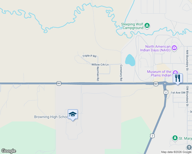 map of restaurants, bars, coffee shops, grocery stores, and more near 60 U.S. 89 in Browning