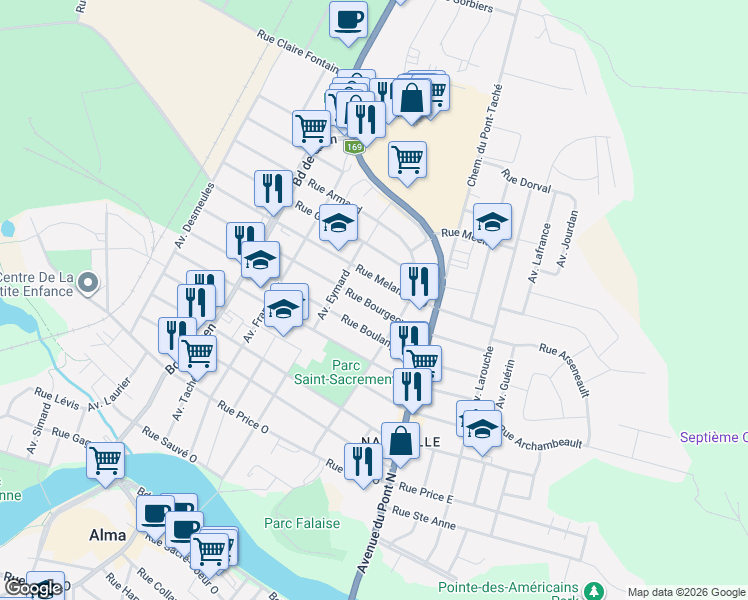 map of restaurants, bars, coffee shops, grocery stores, and more near 295 Rue Bourgeoys Ouest in Alma
