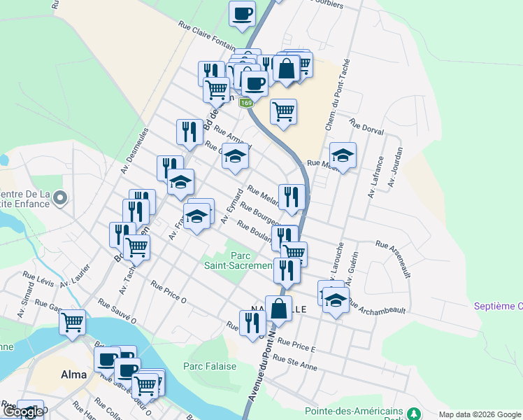 map of restaurants, bars, coffee shops, grocery stores, and more near 295 Rue Bourgeoys Ouest in Alma