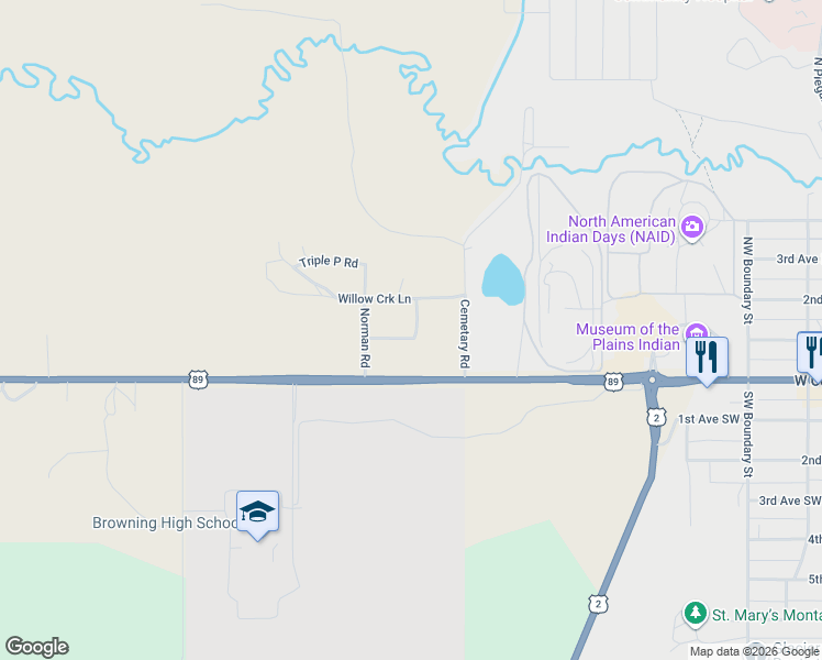 map of restaurants, bars, coffee shops, grocery stores, and more near 60 U.S. Highway 89 in Browning