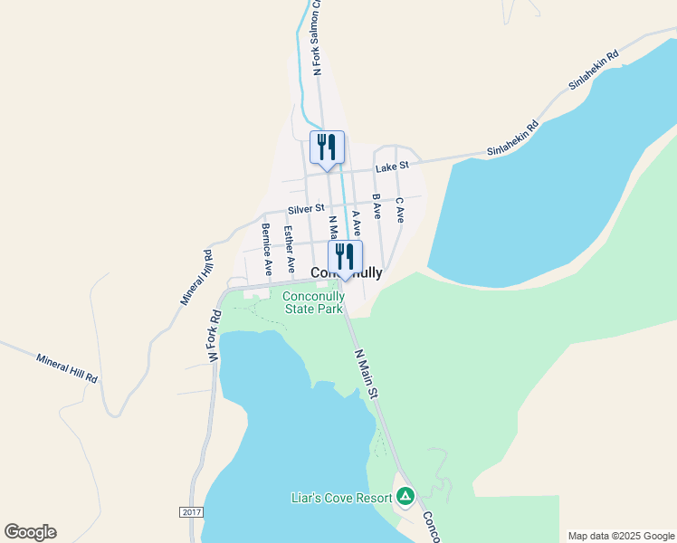 map of restaurants, bars, coffee shops, grocery stores, and more near in Conconully