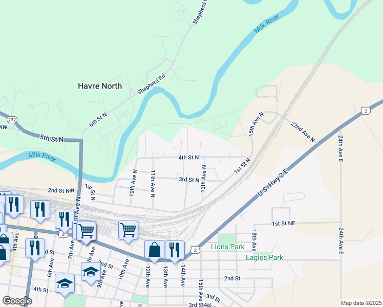 map of restaurants, bars, coffee shops, grocery stores, and more near 1211 4th Street North in Havre