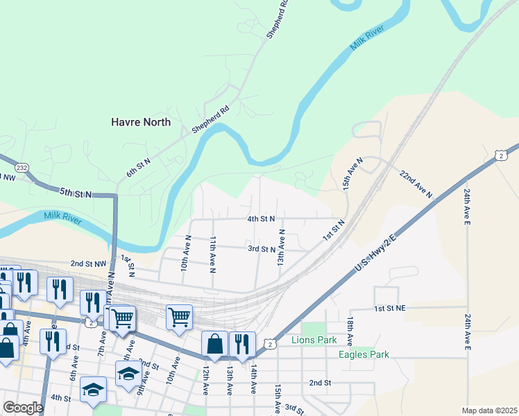 map of restaurants, bars, coffee shops, grocery stores, and more near 1211 4th Street North in Havre