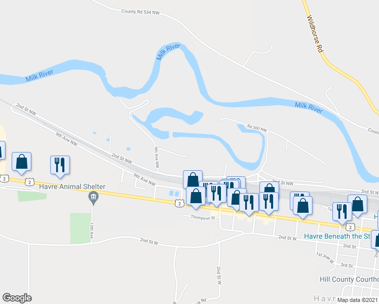 map of restaurants, bars, coffee shops, grocery stores, and more near 505 9th Avenue Northwest in Havre