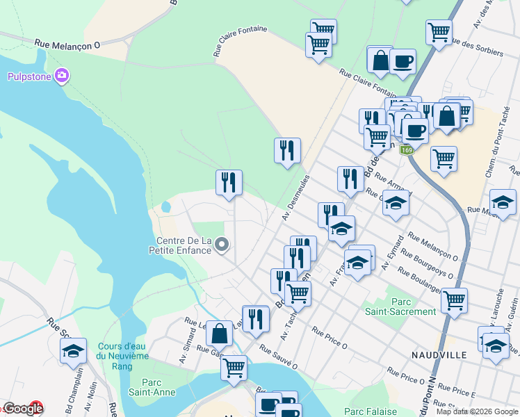 map of restaurants, bars, coffee shops, grocery stores, and more near 1025 Rue Ricken Ouest in Alma