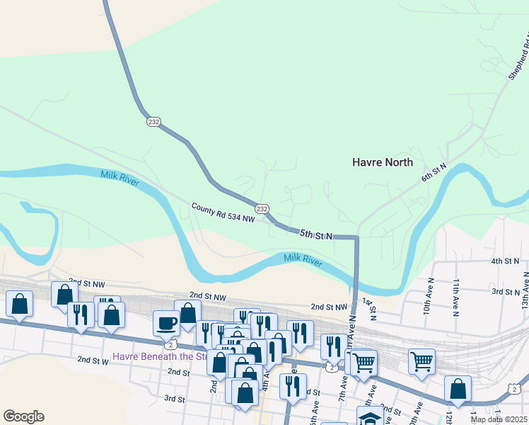 map of restaurants, bars, coffee shops, grocery stores, and more near 995 Wildhorse Rd in Havre