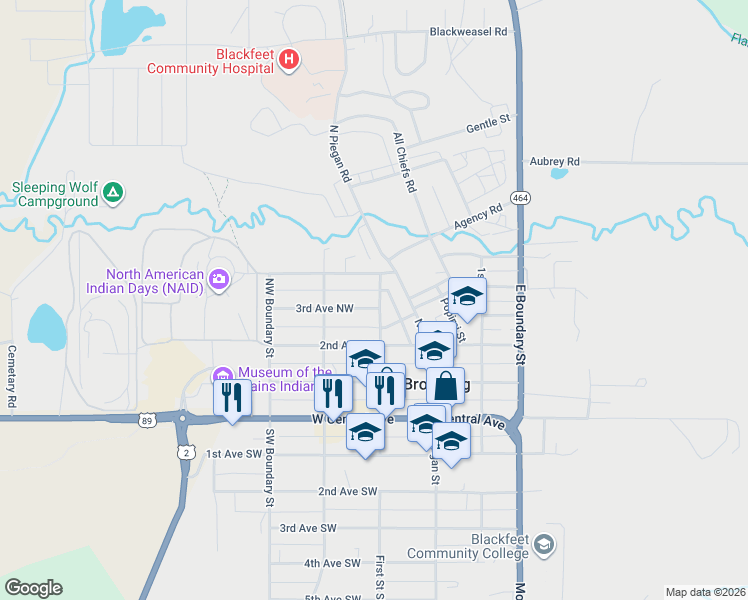 map of restaurants, bars, coffee shops, grocery stores, and more near 401 First Street Northwest in Cut Bank