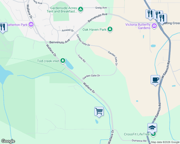 map of restaurants, bars, coffee shops, grocery stores, and more near 6483 Torin Road in Brentwood Bay