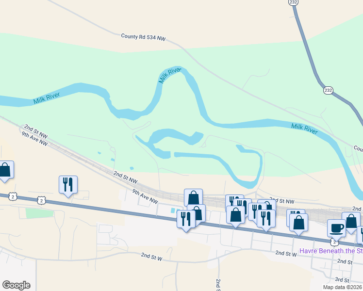 map of restaurants, bars, coffee shops, grocery stores, and more near 505 9th Avenue Northwest in Havre